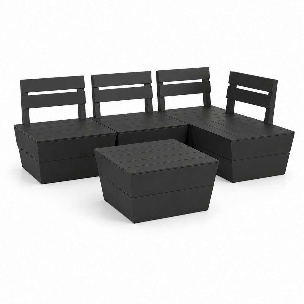 5-teiliges Gartenlounge-Set Schwarz aus Polypropylen mit 4 Sitzmodulen und Couchtisch 65 x 65 cm
