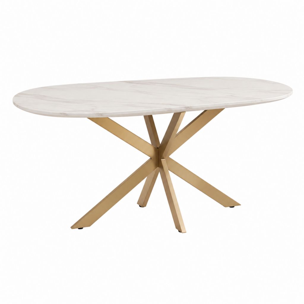 Ovaler Esstisch Weiß Sinterstein Edelstahl Gold 180 x 100 x 76 cm