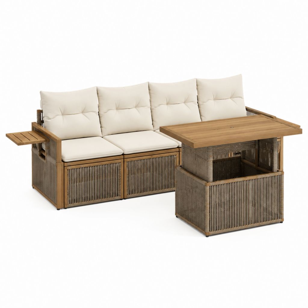 Gartenlounge-Set mit 3-Sitzer-Sofa und Esstisch Beige Akazienholz Polyesterseil rechteckig 220 x 75 x 80 cm