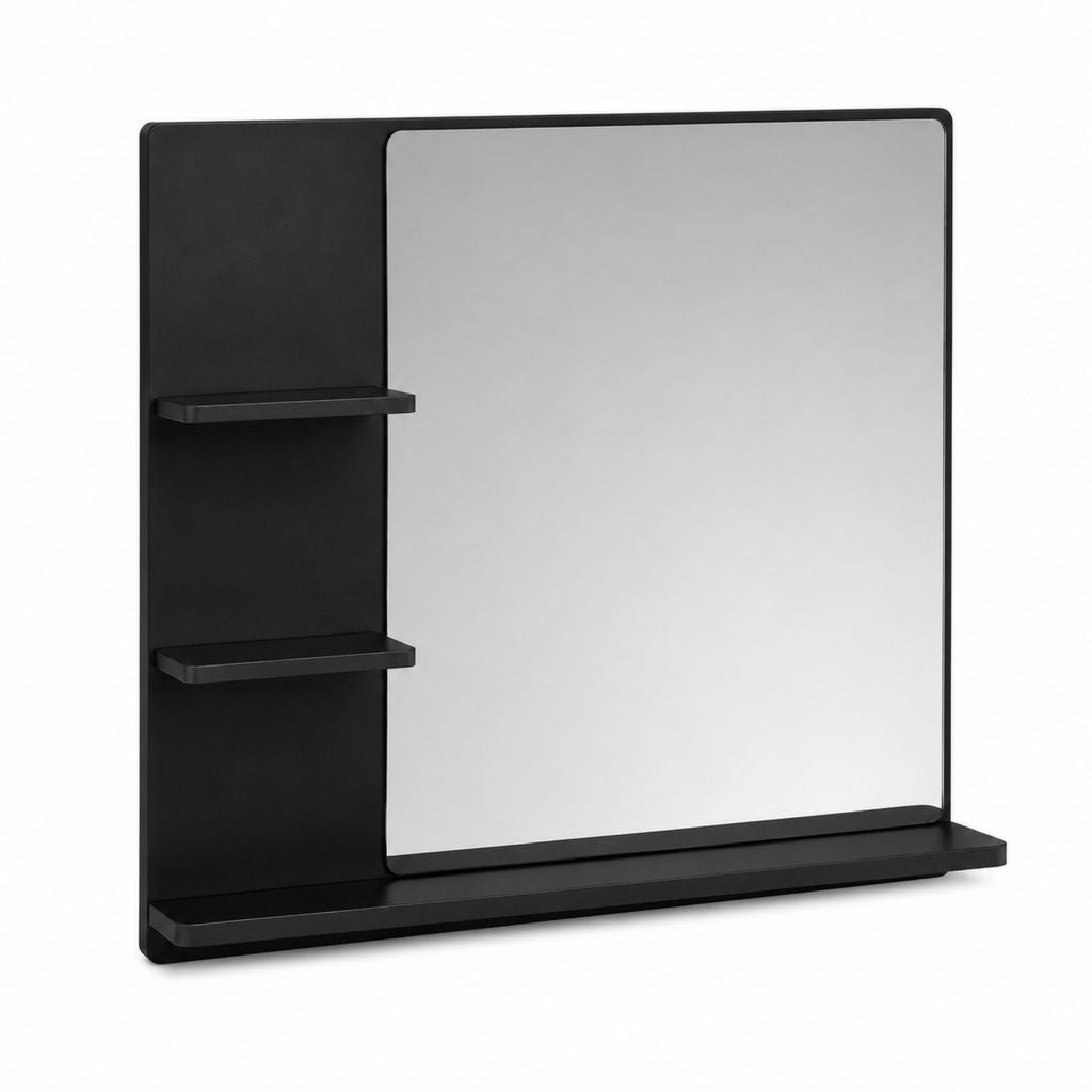 Badspiegel Wandspiegel Schwarz Stahl mit 2 Ablagen 60 x 50 x 12 cm
