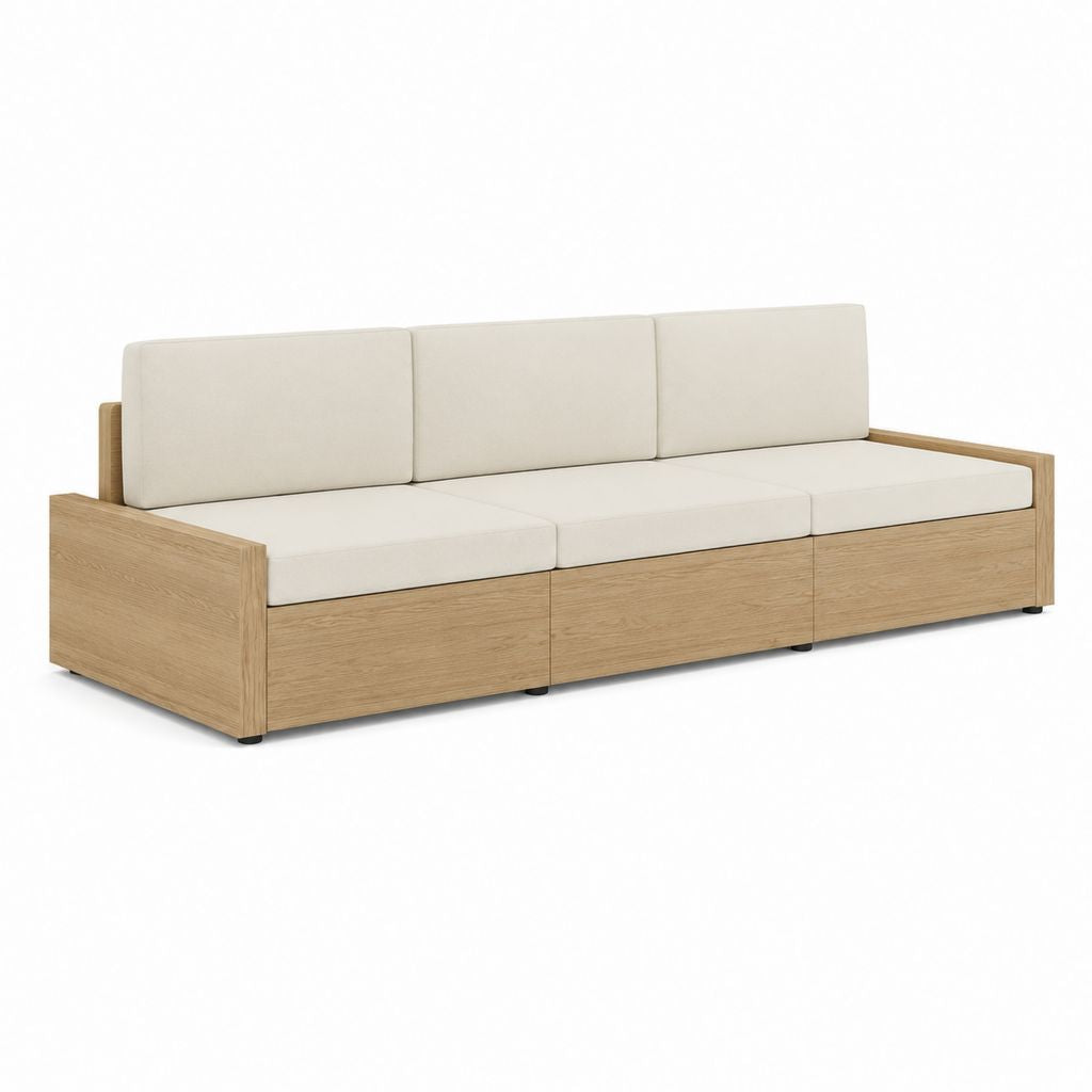Gartensofa 3-Sitzer naturfarben aus Akazienholz mit cremefarbenen Polyesterkissen 240 x 80 x 75 cm