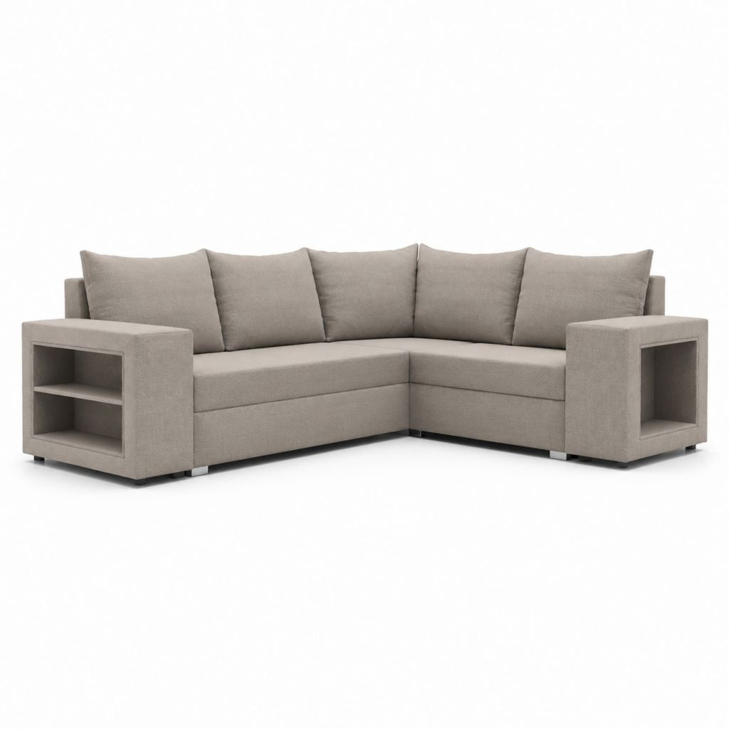 Ecksofa 3-Sitzer Greige Polyester L-Form mit Regalarmlehnen 260 x 200 x 85 cm