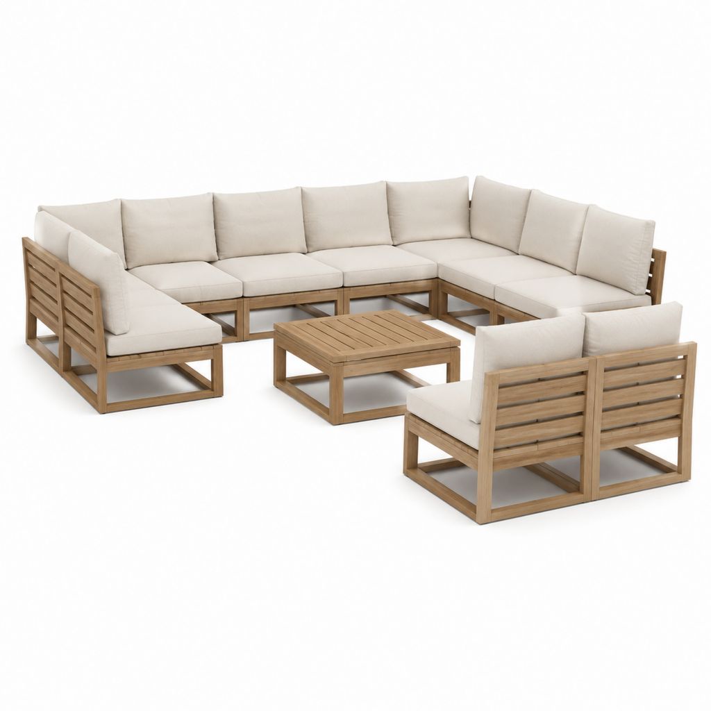 U-förmiges Gartenlounge-Set mit Sessel und Couchtisch Beige Akazien-Massivholz 320 x 250 x 75 cm