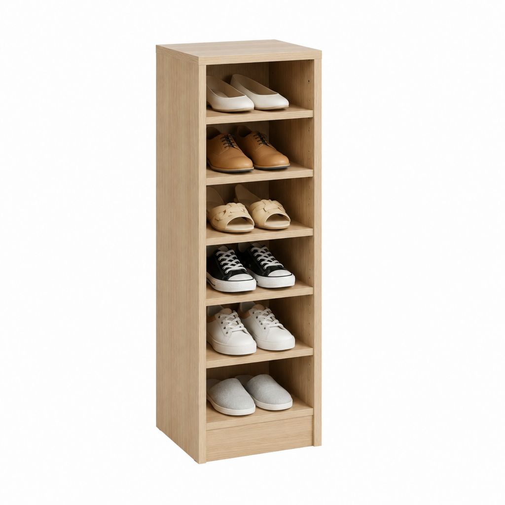 Schuhregal aus Spanplatte in Eiche-Optik rechteckig mit 6 Fächern 120 x 40 x 30 cm