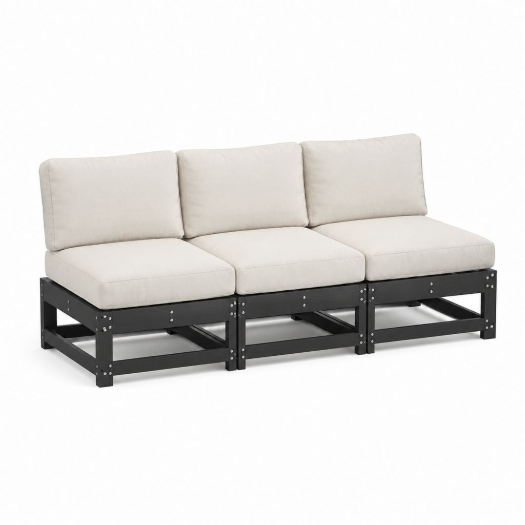 Gartensofa 3-Sitzer Schwarz Massivholz Gerade mit Creme Polyesterkissen 210 x 70 x 66 cm